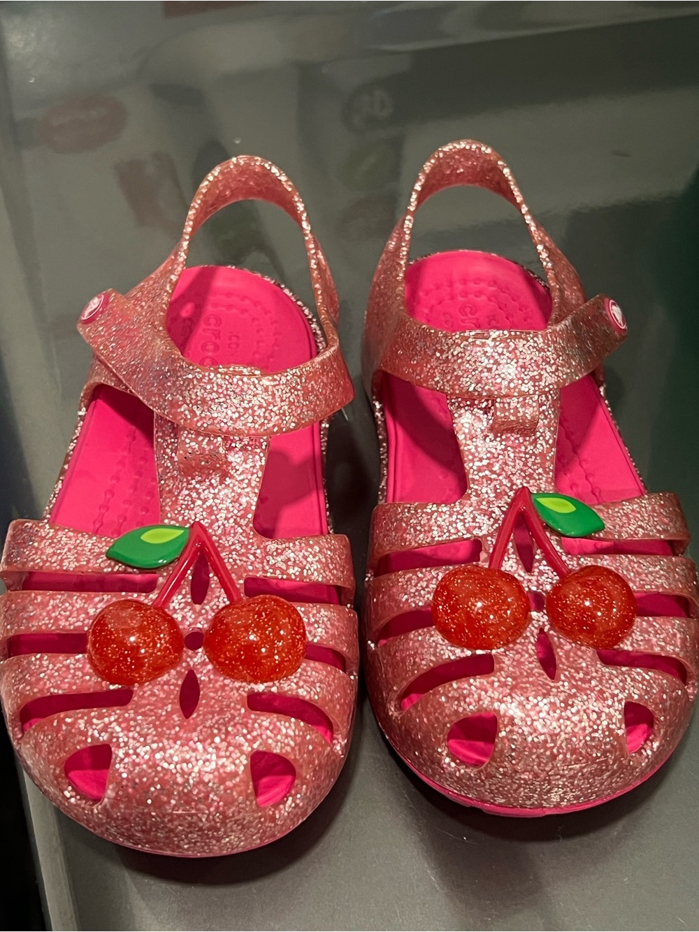 CROCS Girls' Sparkle Pink Jelly Sandals with Cherry Charms